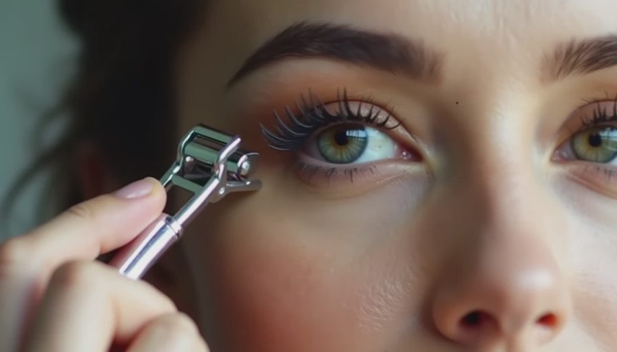 Close-up of a woman curling her eyelashes for a camera-ready eye makeup look.