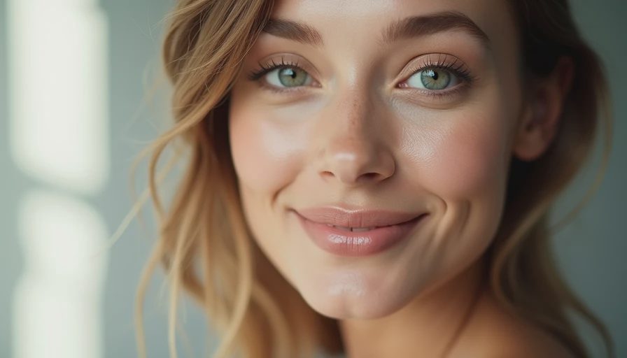 Close-up portrait of a woman with fresh, dewy skin tint and natural makeup, smiling confidently at 7 A.M.