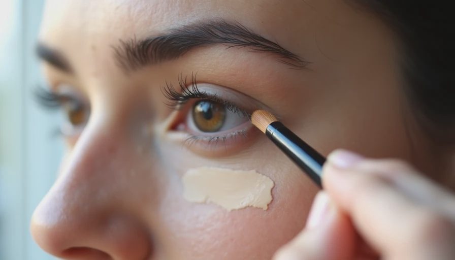 Close-up of applying full-coverage concealer in a triangle under the eyes to cover dark circles.