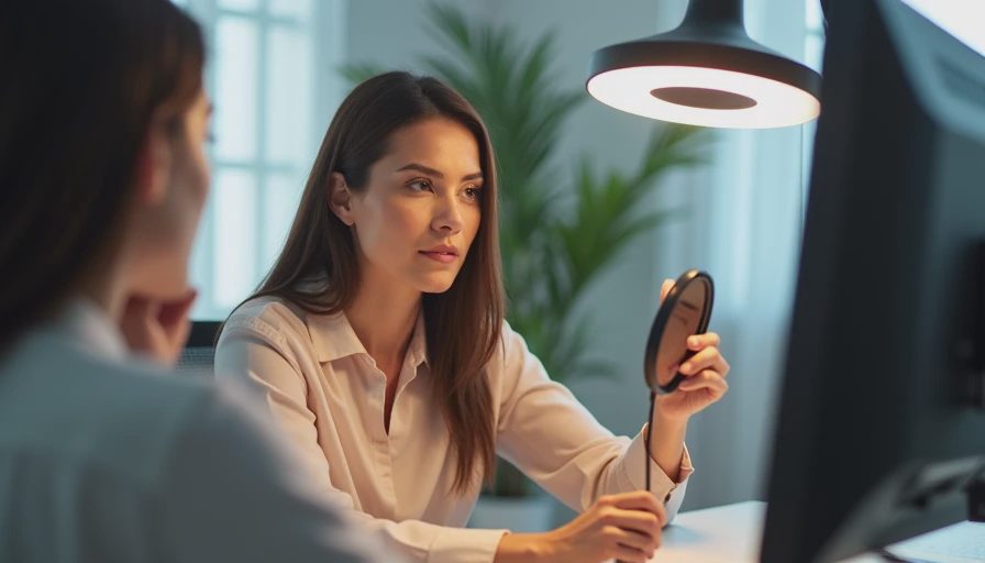 A working woman sitting in front of a ring light and laptop, checking her professional makeup before a video call.