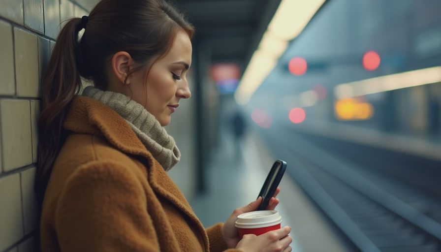 A working woman checking her makeup in a small mirror on a cold transit platform during her morning commute.