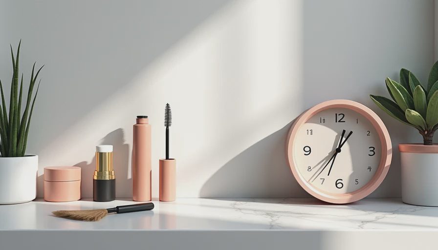 Minimalist arrangement of daily makeup essentials next to a small clock for an efficient morning routine.
