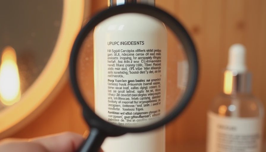 A magnifying glass inspecting the back ingredient label of a skincare product.