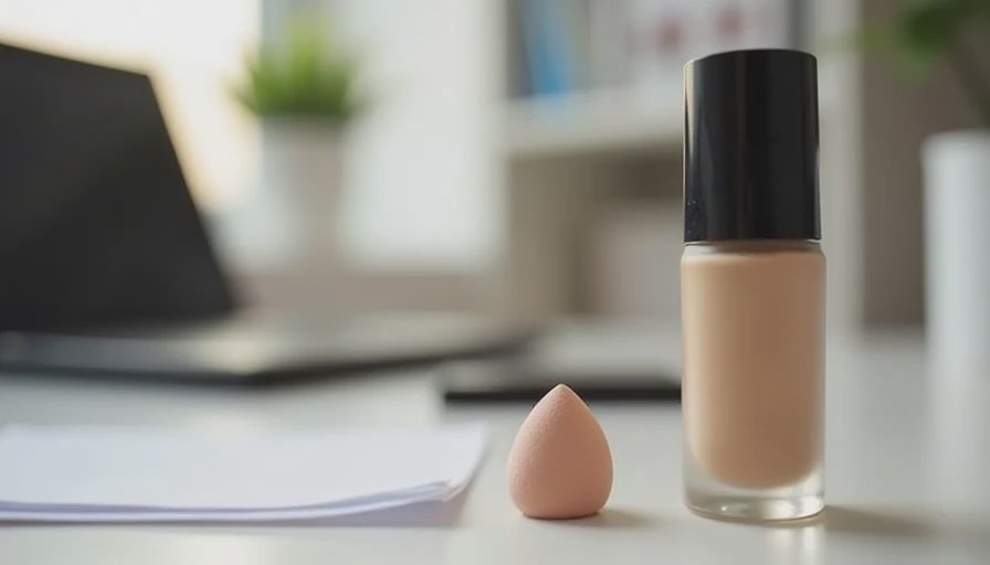Close-up of makeup products on a bright office desk during a workday wear test.