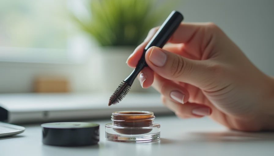 Close-up of a woman quickly applying tinted brow gel for an efficient morning makeup routine.