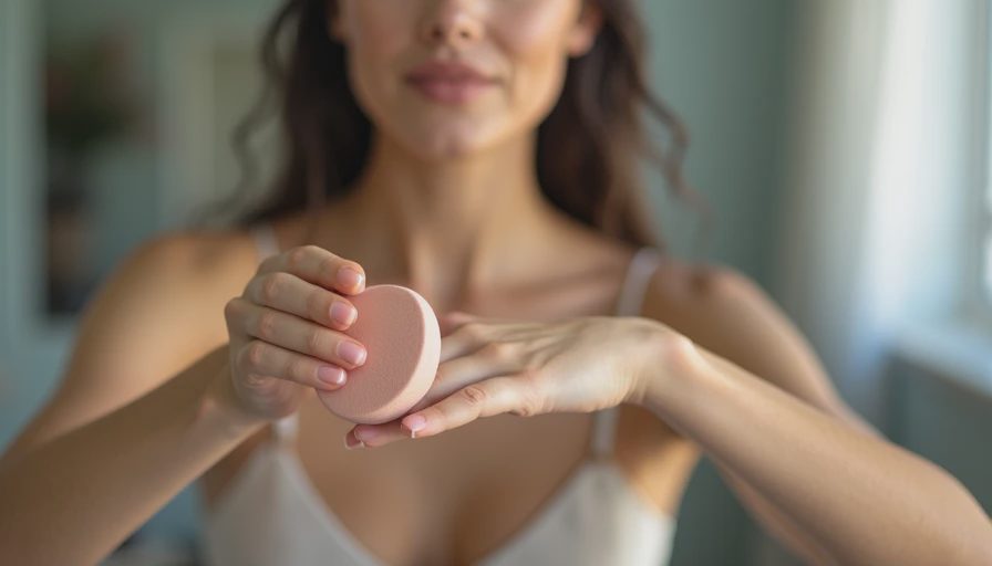 Close-up of a damp makeup sponge pressing foundation onto the skin to secure better grip.