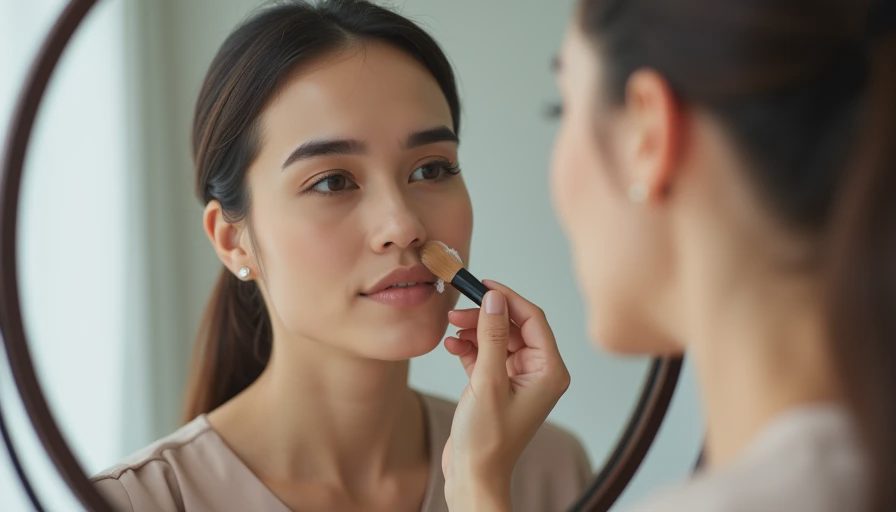 A working woman swatches and tests foundation on her jawline in front of a mirror.