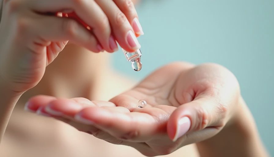 Close-up of a drop of skincare serum being tested on skin for texture and quality.
