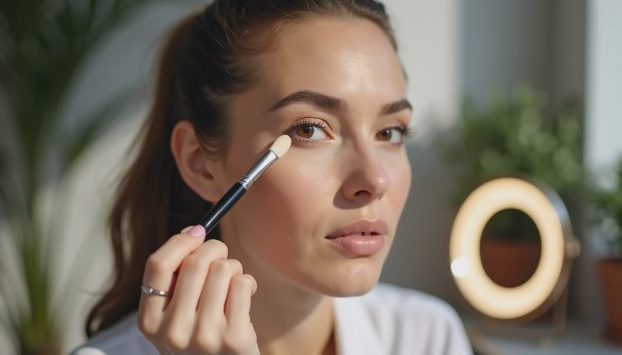Close-up of spot concealing under-eyes and blemishes with a precision concealer wand.