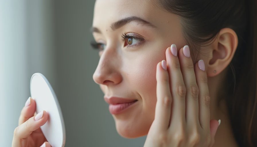 Close-up of a working woman checking her under-eye and nose areas in a small mirror.