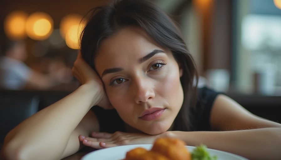 A woman looking tired at a dinner table with significant makeup breakdown, patchy skin tint, and faded color at 6:30 P.M.