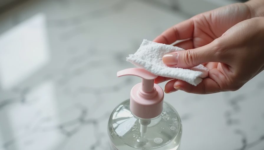 Close-up of a cotton pad over a bottle of pink-cap micellar water on a clean white countertop.
