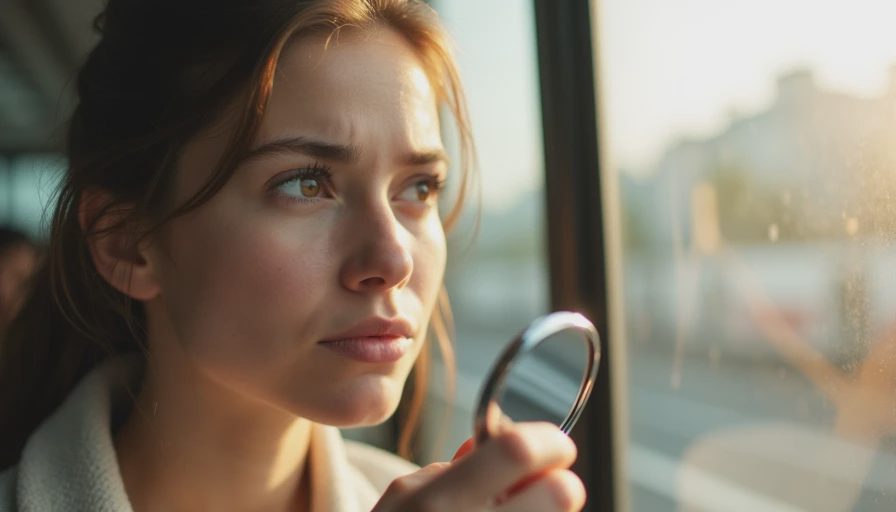 A working woman checking her T-zone shine in a small mirror during her morning commute.