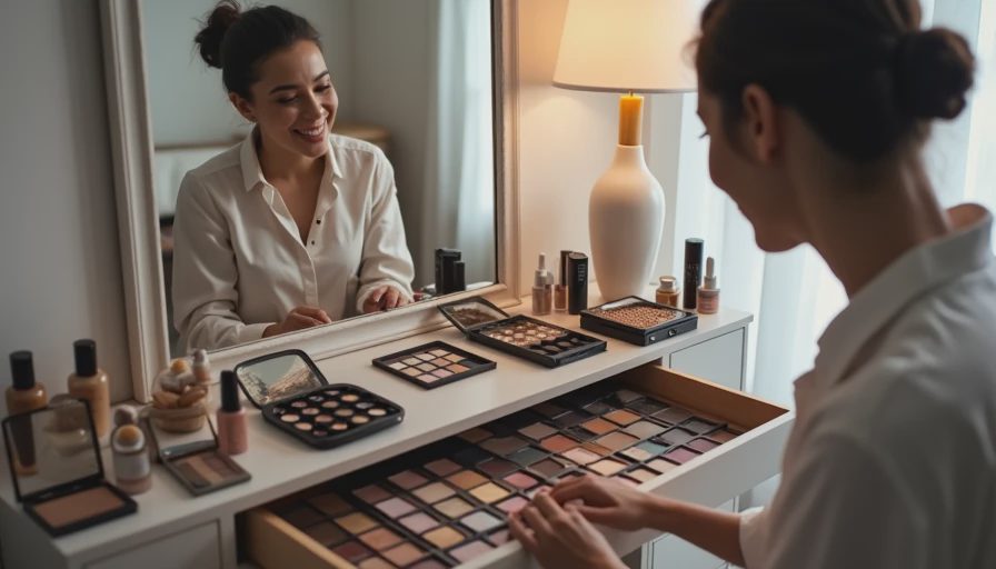 A working woman looking thoughtfully at her cluttered makeup drawer, deciding to declutter unneeded products.