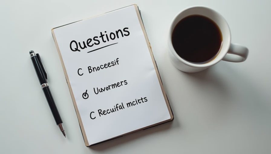Minimalist desktop setup with a notebook featuring a three-question evaluation list and a pen.