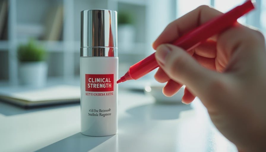 A pair of hands examining the ingredient and marketing labels on a skincare bottle.