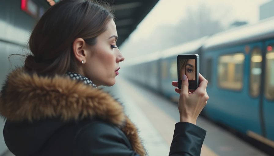 A working woman checking her makeup on a Chicago transit platform during her morning commute.