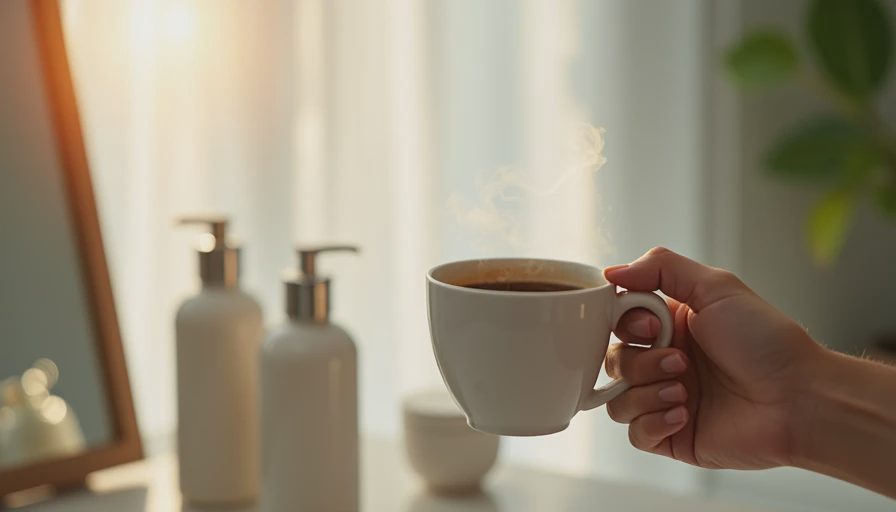 A hand holding a hot cup of coffee in front of a bright bathroom vanity during a morning routine.