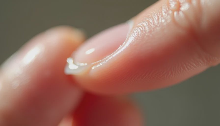 Close-up of a finger testing the tacky and adhesive texture of a high-grip makeup primer.