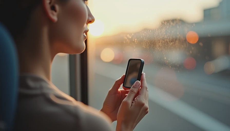 A working woman quickly checking her makeup in a compact mirror during a morning train commute.