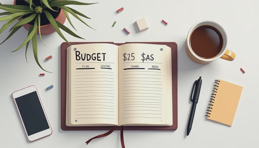 Minimalist desktop setup with a notebook showing financial savings and a cup of coffee.
