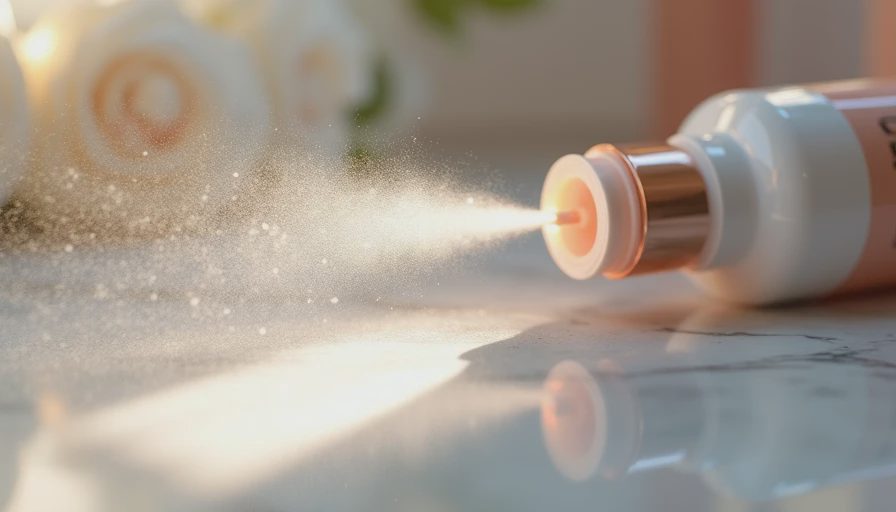Close-up of the winning L'Oréal setting spray misting in mid-air on a clean surface.