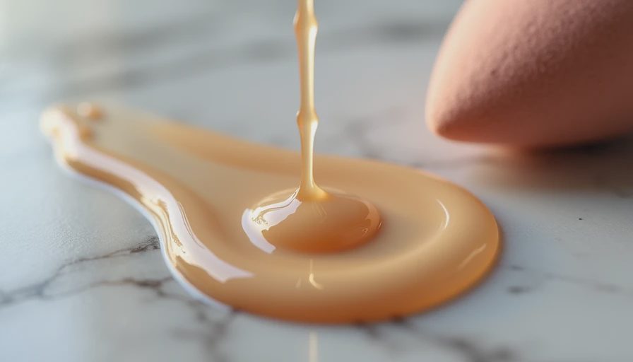 Close-up of liquid foundation being mixed with a drop of face oil on a clean surface.