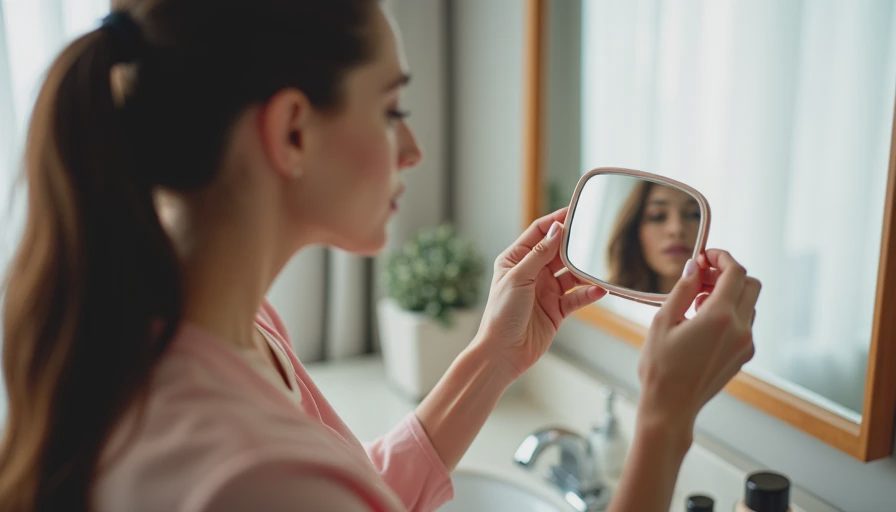 A working woman applying makeup with a small mirror in a hotel room during a business trip.