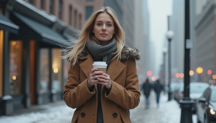 A working woman walking down a cold Chicago street with a hot coffee during her winter commute.
