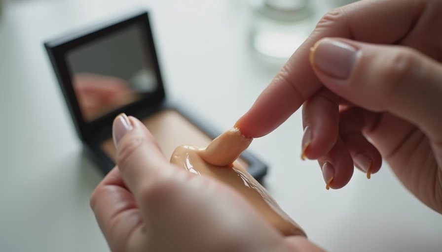 Close-up of a hand applying a lightweight skin tint and concealer for a fast morning routine.