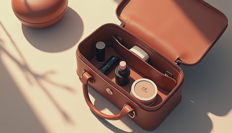An open minimalist work tote bag neatly organized with essential everyday makeup items.