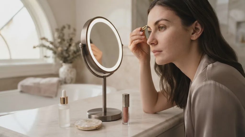 Woman in silk robe tweezing eyebrow while looking into a round, illuminated vanity mirror on a marble bathroom counter.
