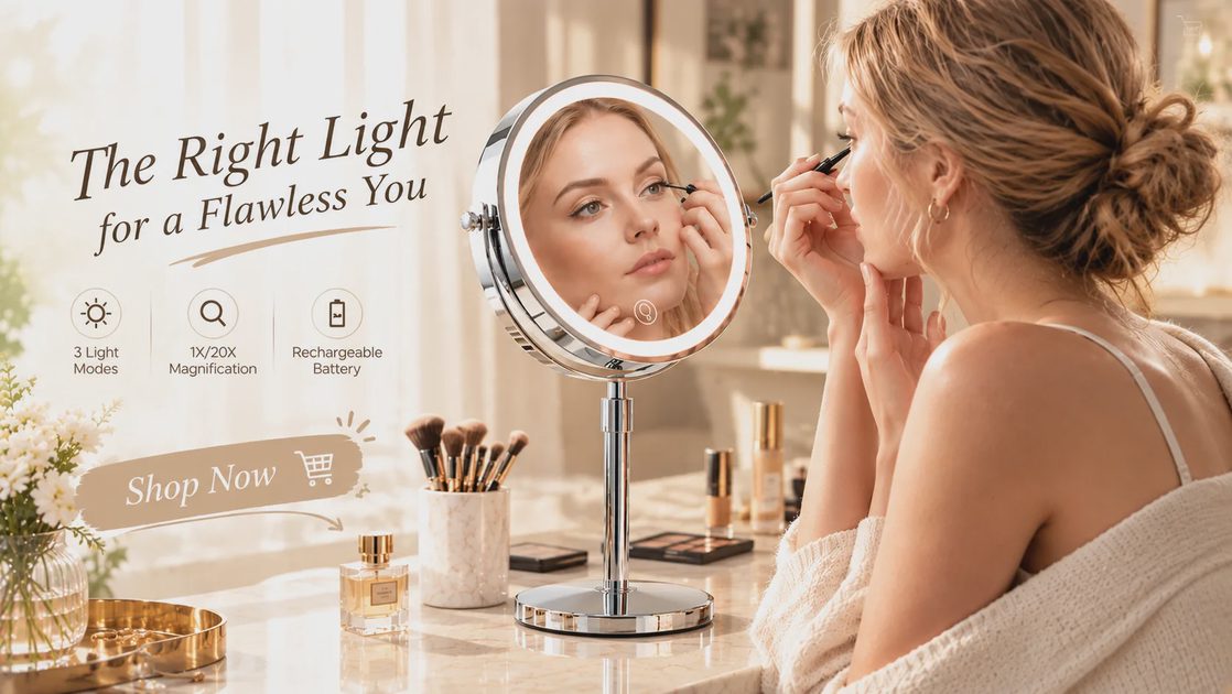 An elegant infographic for a rechargeable vanity mirror. It shows a blonde woman with a messy bun looking into a double-sided mirror.