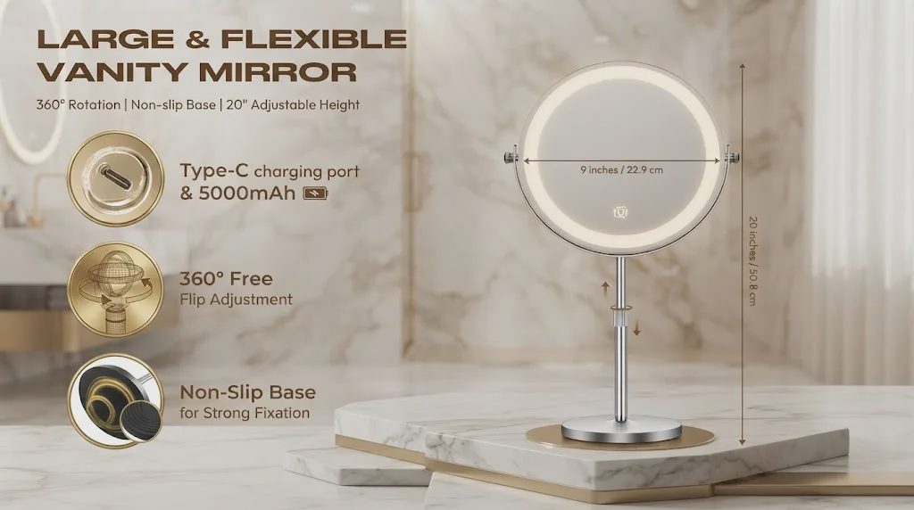 A high-end product infographic of a large, circular, 1X/20X magnifying vanity mirror with lights, showing dimensions and key features.