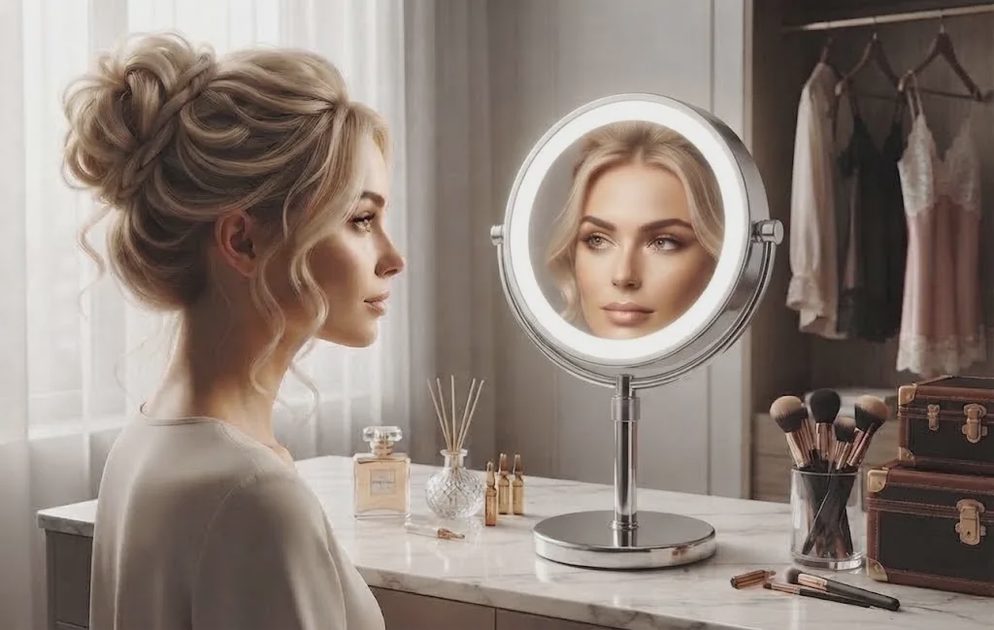 A blonde woman with a messy bun sits at a marble vanity, looking into a round, lit makeup mirror that reflects her face.