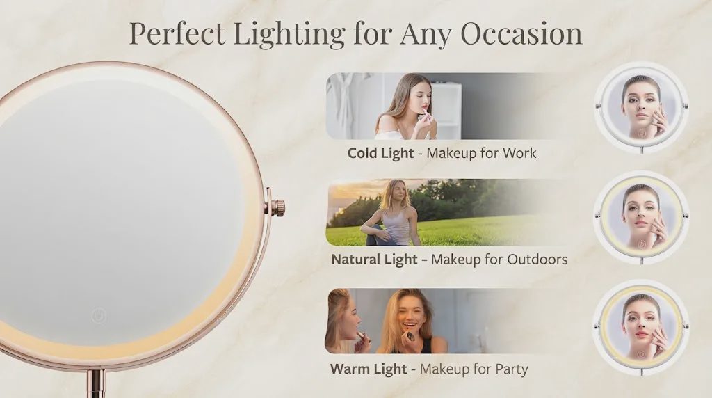 An elegant infographic illustrating three light modes for makeup, each featuring a woman's portrait and her reflection in a round vanity mirror on a marble surface.
