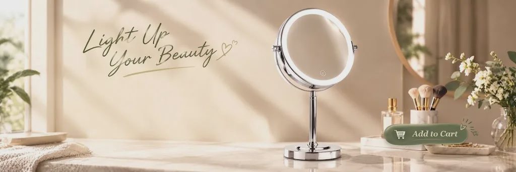 A round, illuminated vanity mirror with a chrome finish and an "Add to Cart" button on a marble bathroom counter.