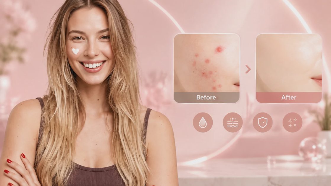 Infographic showing a smiling woman with a heart patch and 'Before' and 'After' skin close-ups illustrating acne treatment results on a pink background.