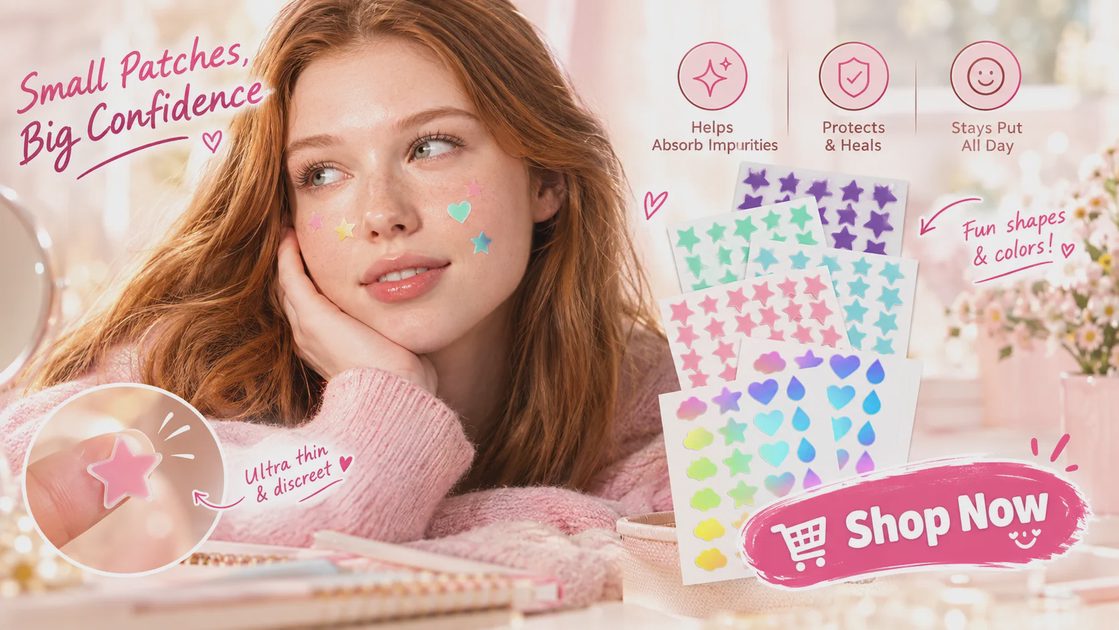 Model promoting adhesive skin patches with various shapes like stars, hearts, and colorful gradients, worn discreetly on her face and shown on sheets.