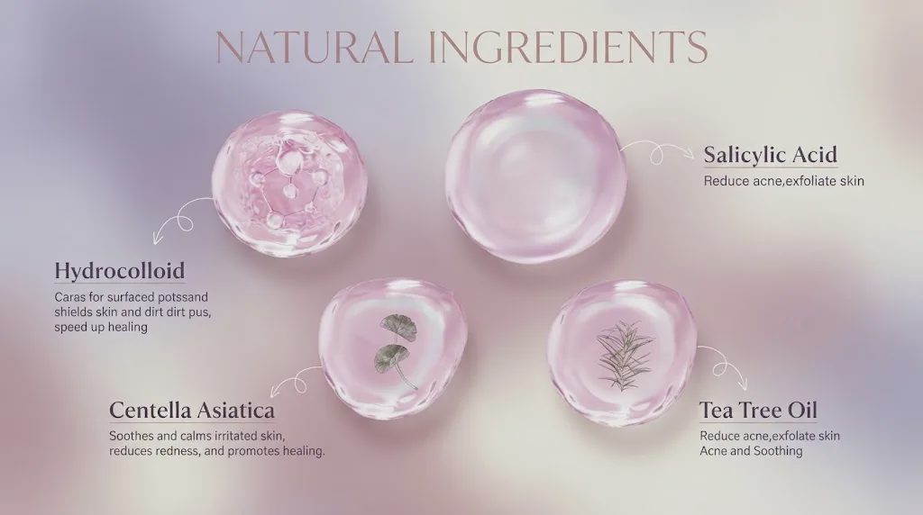 Hydrocolloid pimple patch infographic box with assorted colorful star, heart, cloud, and teardrop shapes on a glowing purple gradient background.