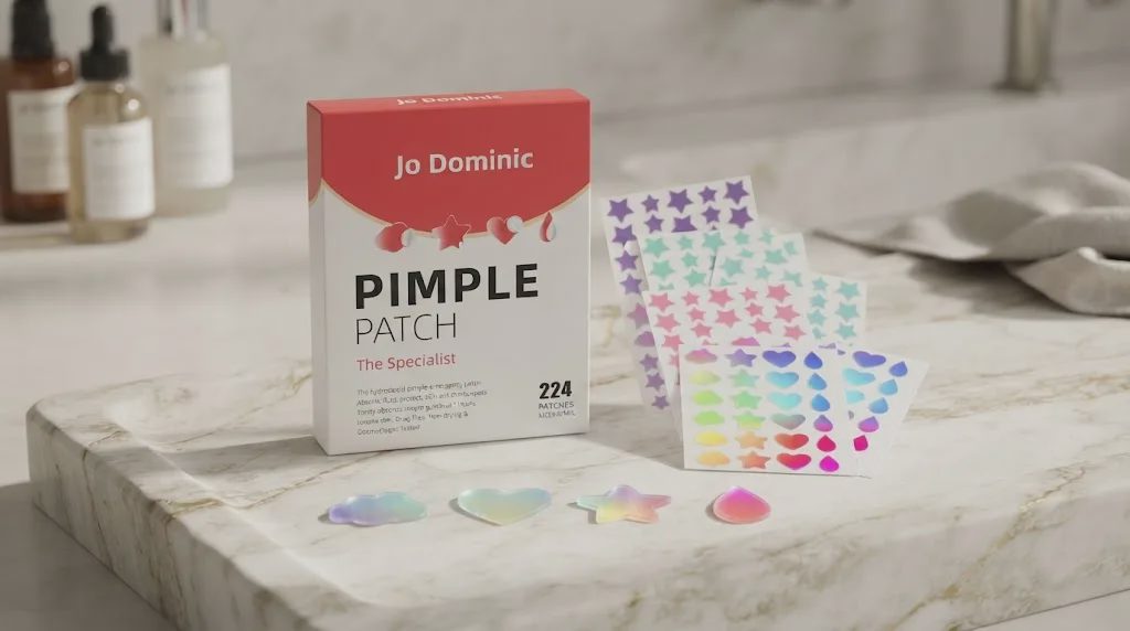 Jo Dominic hydrocolloid pimple patch box with assorted colorful star, heart, cloud, and teardrop sheets, arranged on a marble vanity.