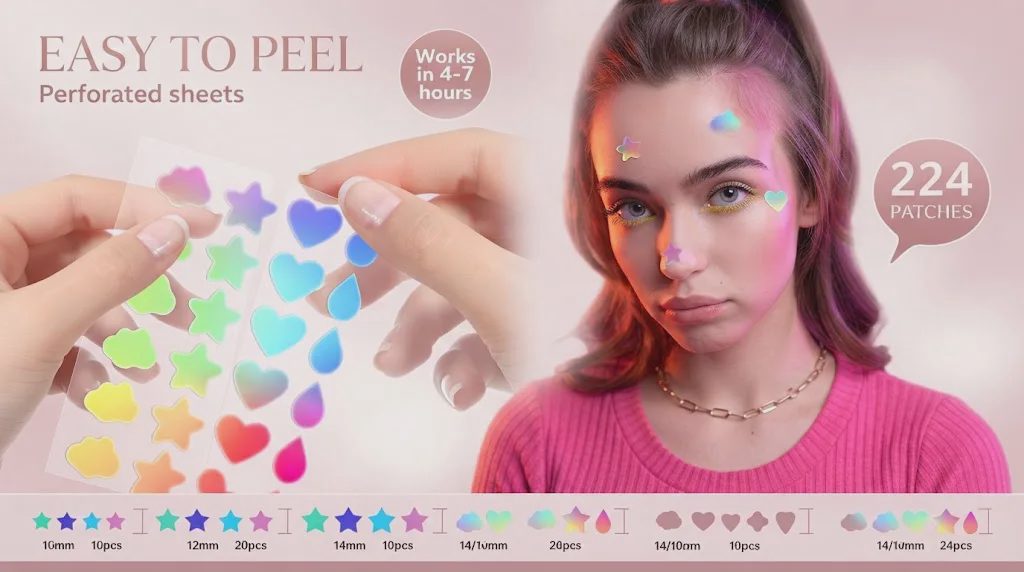 Jo Dominic hydrocolloid acne patch variety pack with star, heart, cloud, and teardrop shapes in pastel gradients, 224 count total.